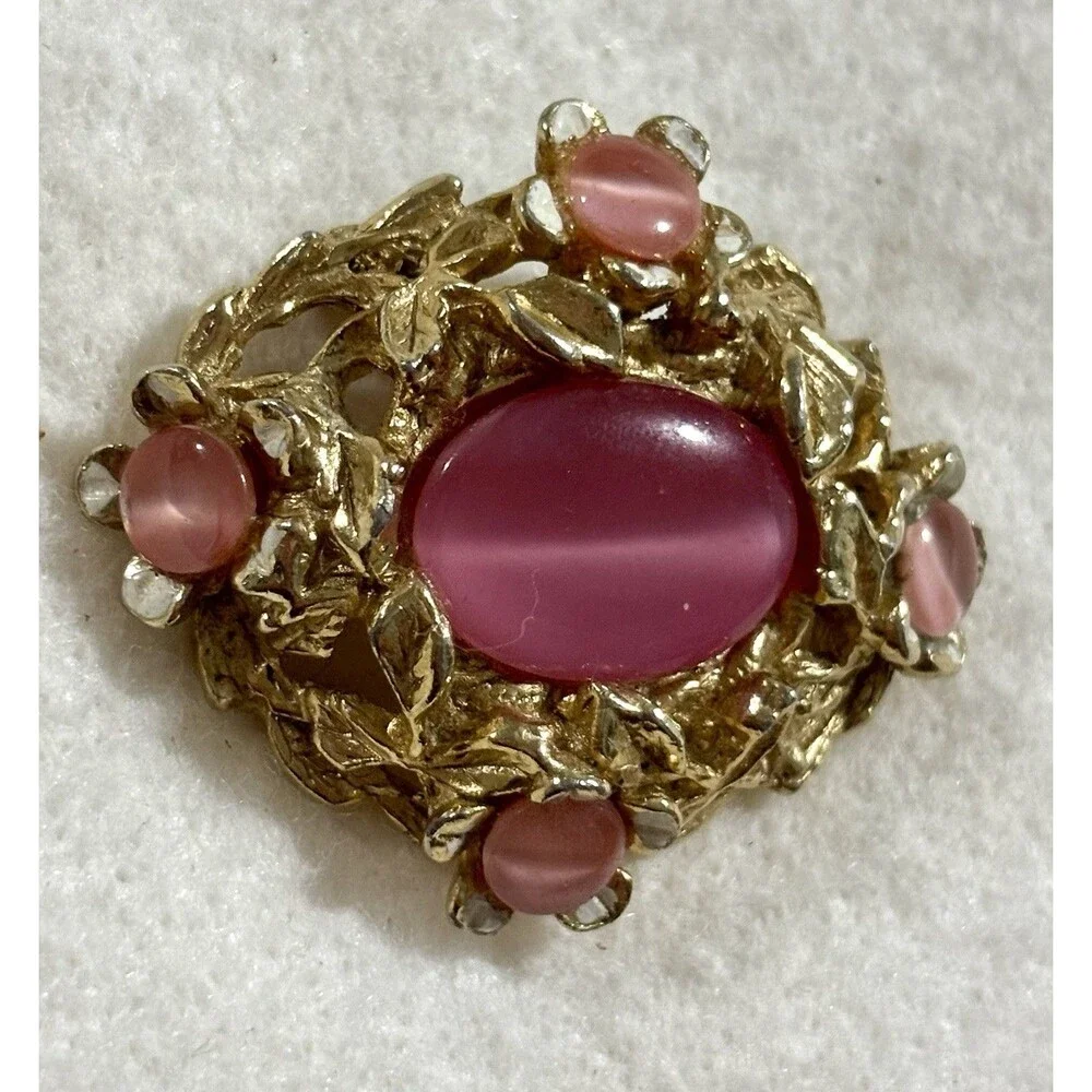 Vintage Pink Moonglow Cat Eye Cabochon Brooch Czech Style Gold Tone Floral Pin